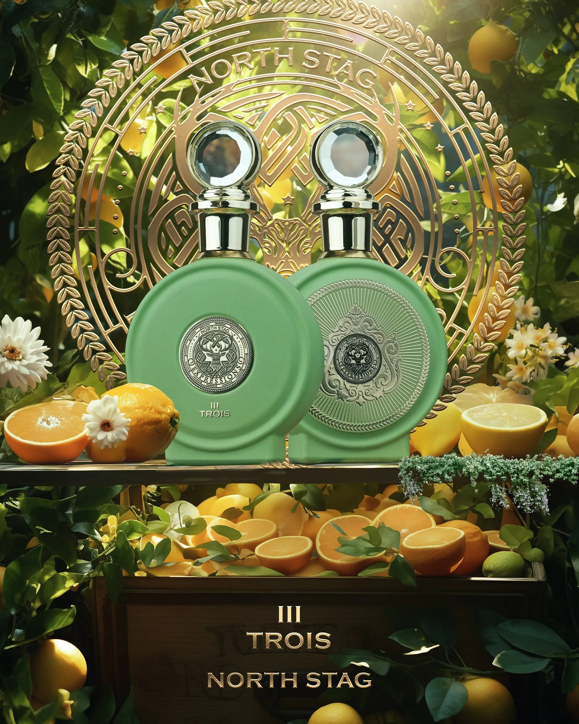 North Stag Trois III perfume with citron, bergamot, neroli, ginger, black tea, and woody spice